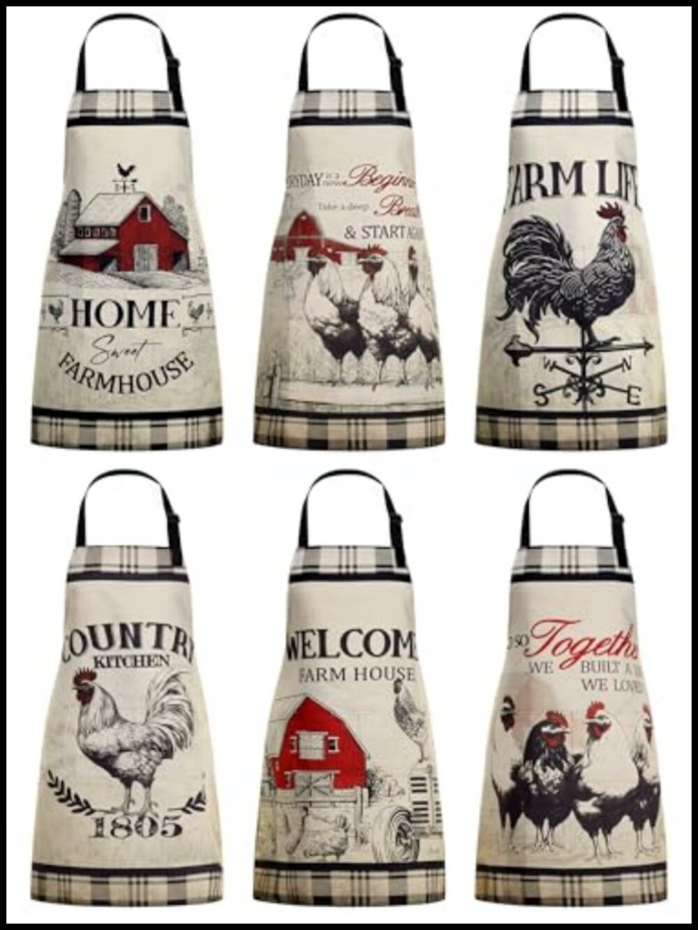 6 Pc Rooster Apron Set for Women 100% Nylon Waterproof Adjustable Kitchen